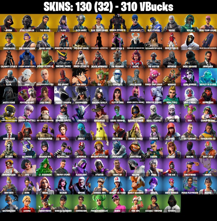 Fortnite Account ( PLAYSTATION / XBOX / PC / MOBILE / NINTENDO ) Ikonik, Merry Mint Axe, Glow, The Reaper, OG STW (130 Skins)