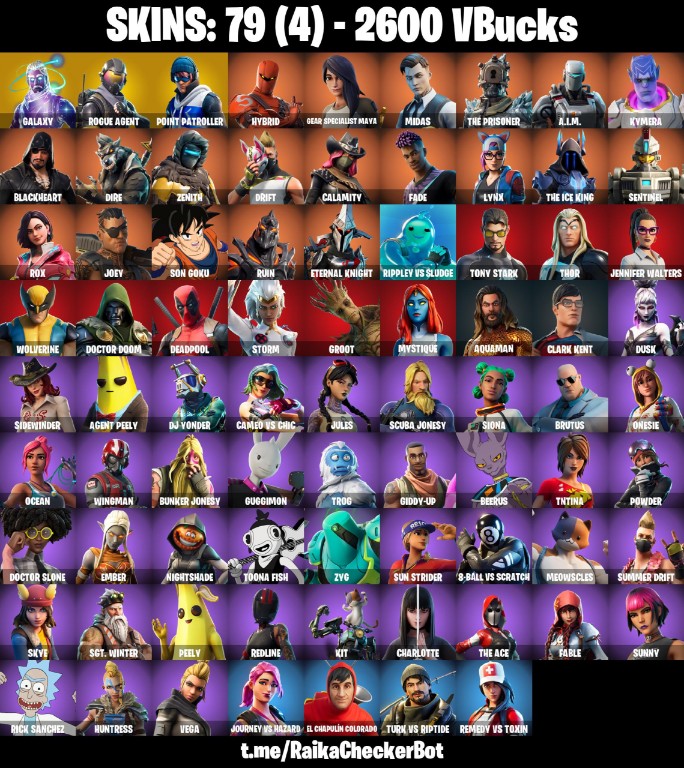 Fortnite Account ( PLAYSTATION / XBOX / PC / MOBILE / NINTENDO ) Galaxy, Rogue Agent, Take the Elf, Point Patroller, 2600 V-BUCKS (79 Skins)