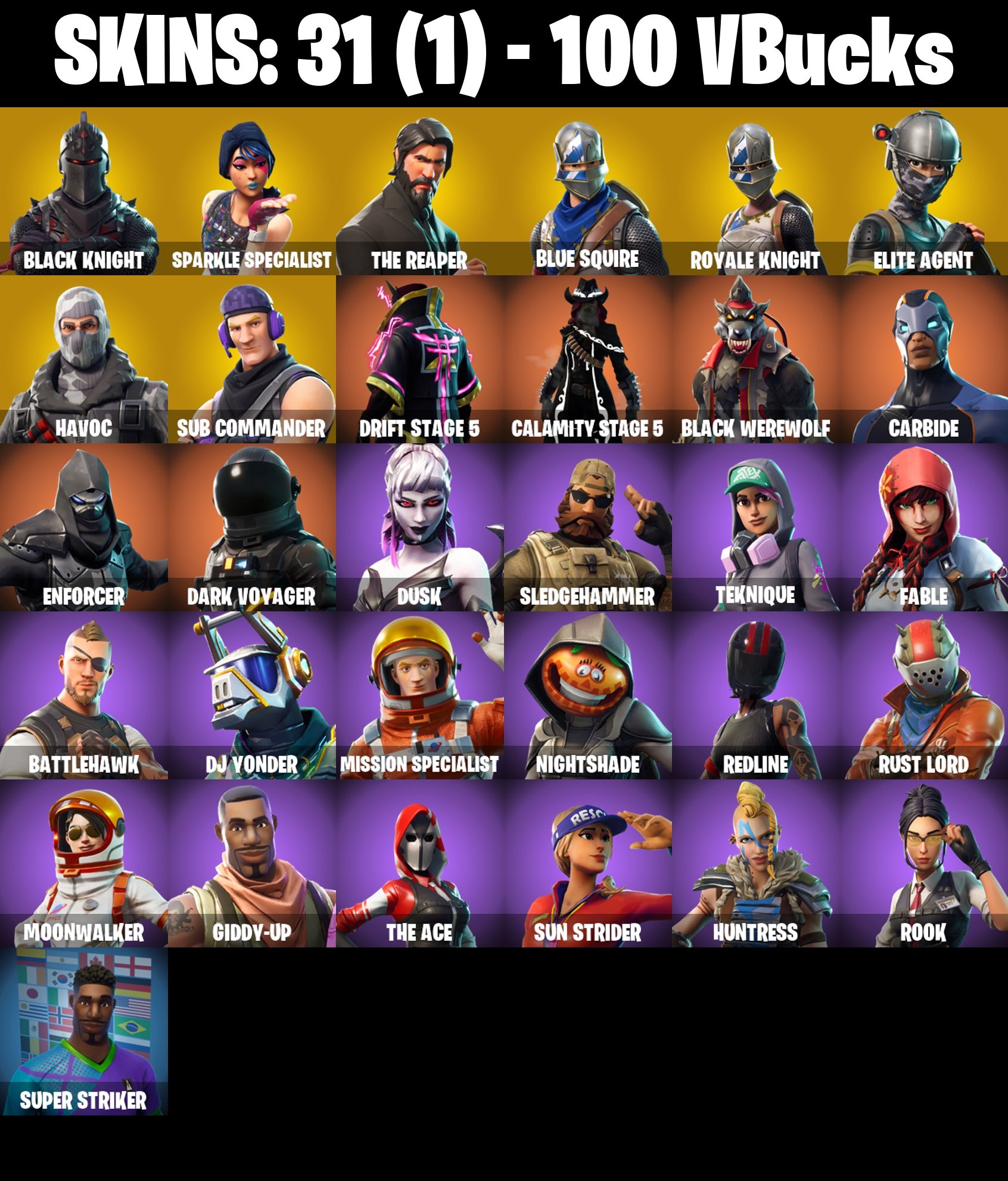 Fortnite Account ( PLAYSTATION / XBOX / PC / MOBILE / NINTENDO ) Black Knight, The Reaper (31 Skins)