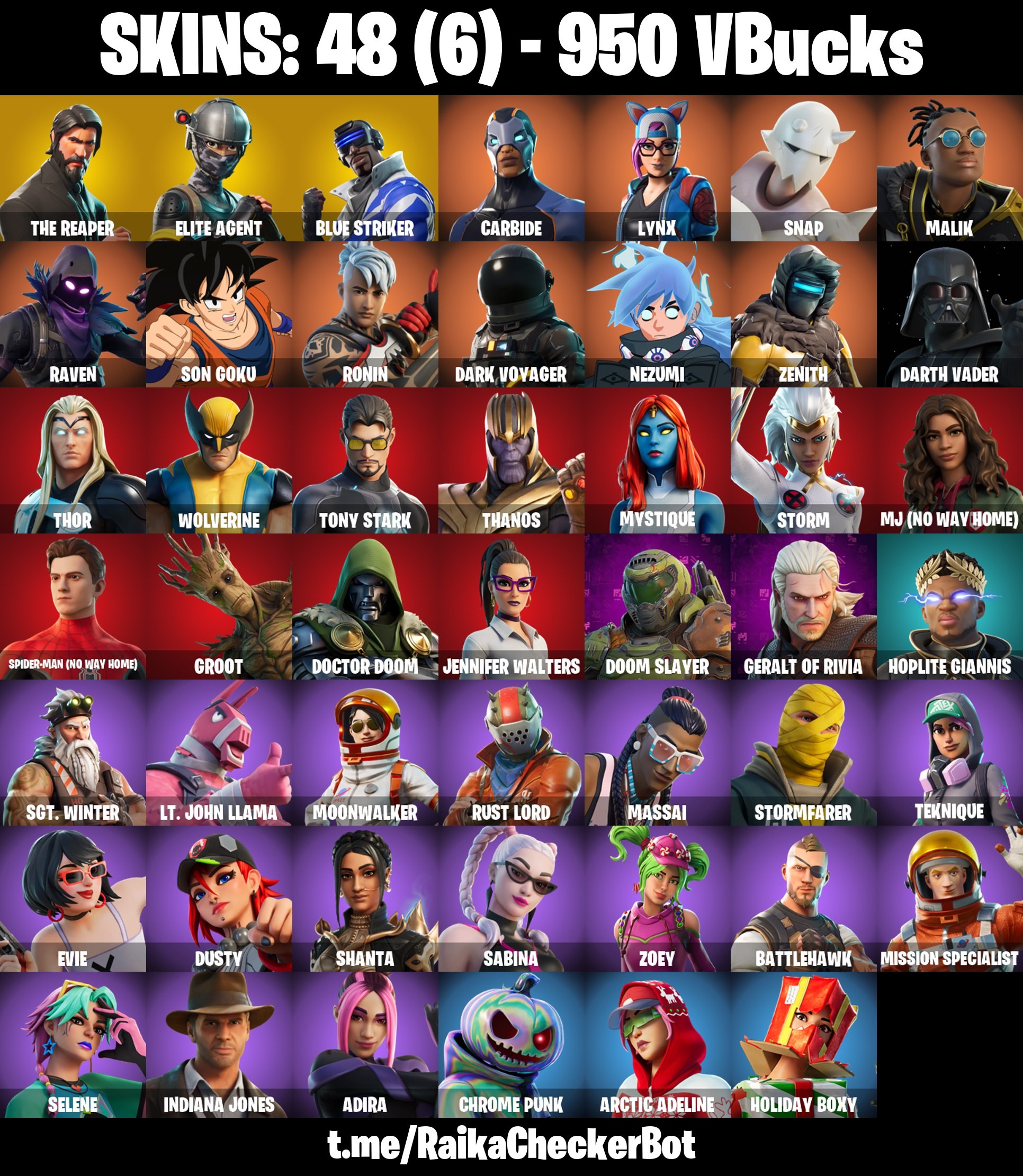 Fortnite Account ( PLAYSTATION / XBOX / PC / MOBILE / NINTENDO ) The Reaper, Elite Agent, Blue Striker, Carbide, Raven, Dark Vader, 950 V-BUCKS (48 Skins)