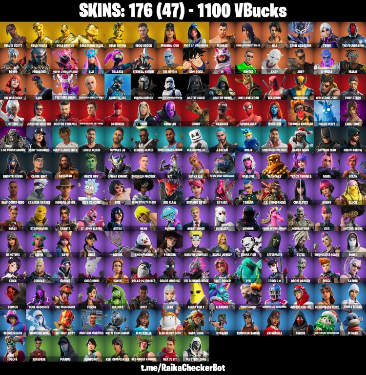 Fortnite Account ( PLAYSTATION / XBOX / PC / MOBILE / NINTENDO ) Travis Scott, Galaxia, Gold Midas, FNCS 3:1 CHAMPOION, Gold TNTINA, 1100 V-BUCKS (176 Skins)