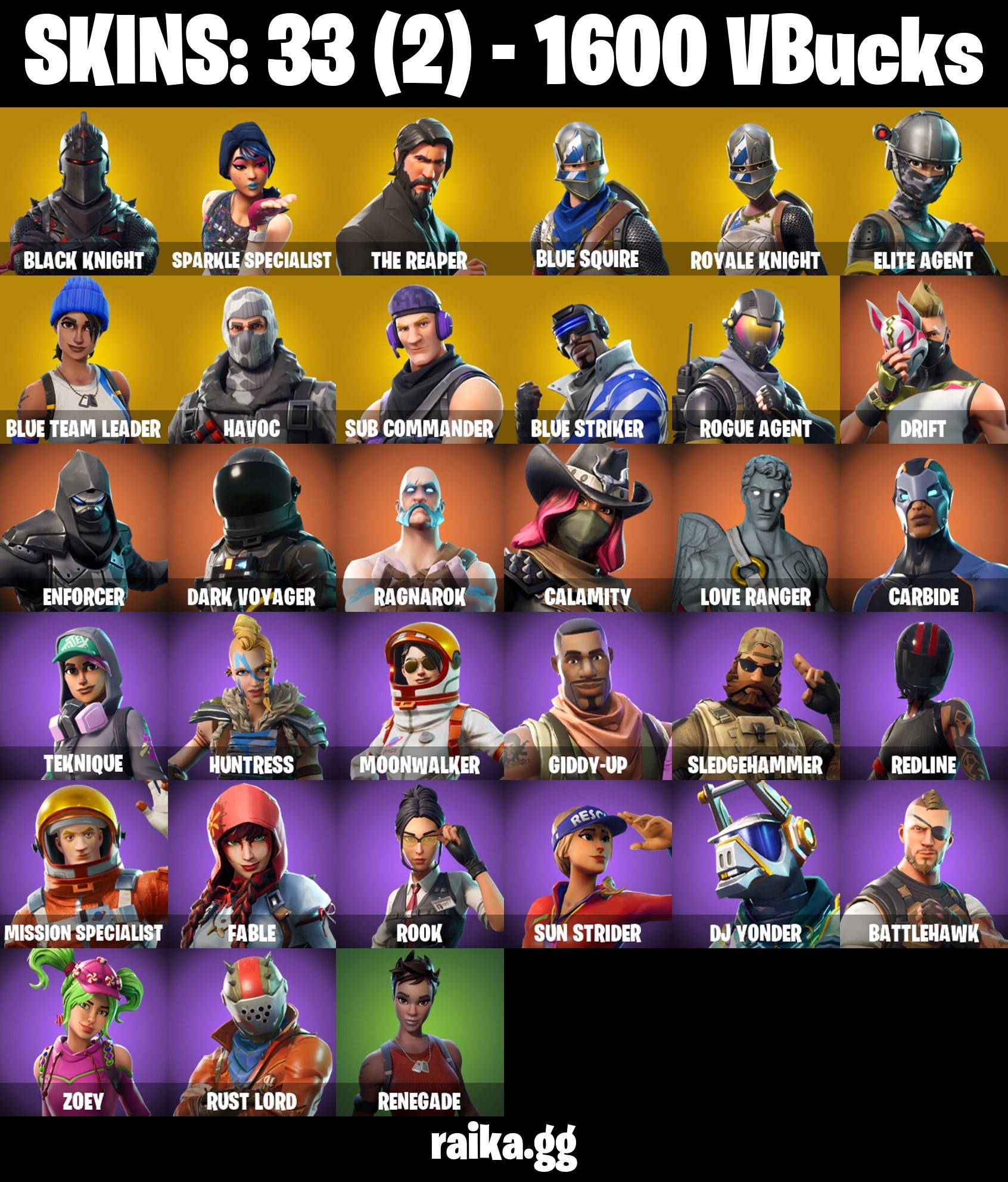 Fortnite Account ( PLAYSTATION / XBOX / PC / MOBILE / NINTENDO ) Black Knight, Sparkle Specialist, Floss, The Reaper, Havoc, AC/DC, 1600 V-BUCKS (33 Skins)