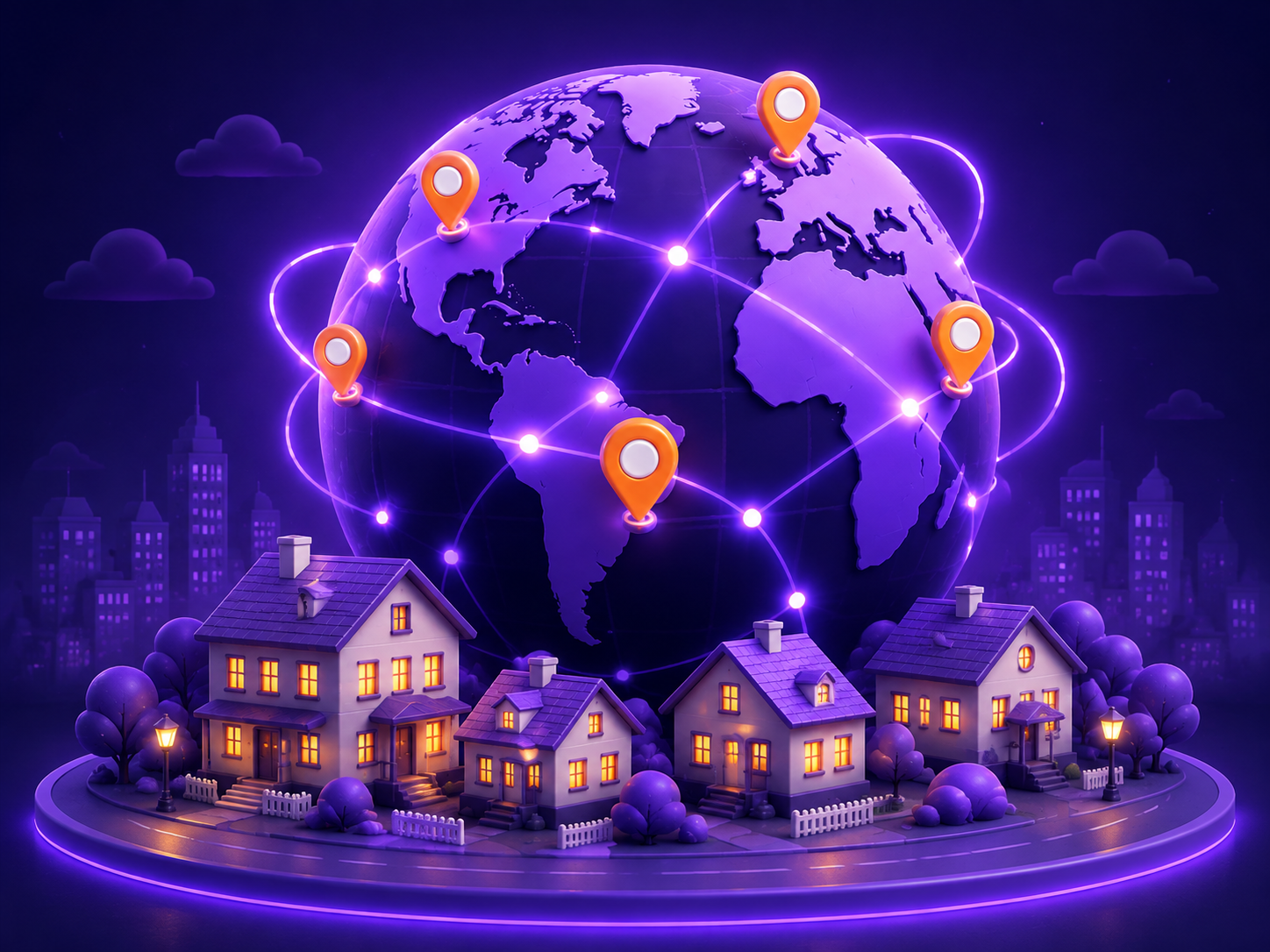 Globe wrapped in glowing routing paths with location pins over a row of residential houses