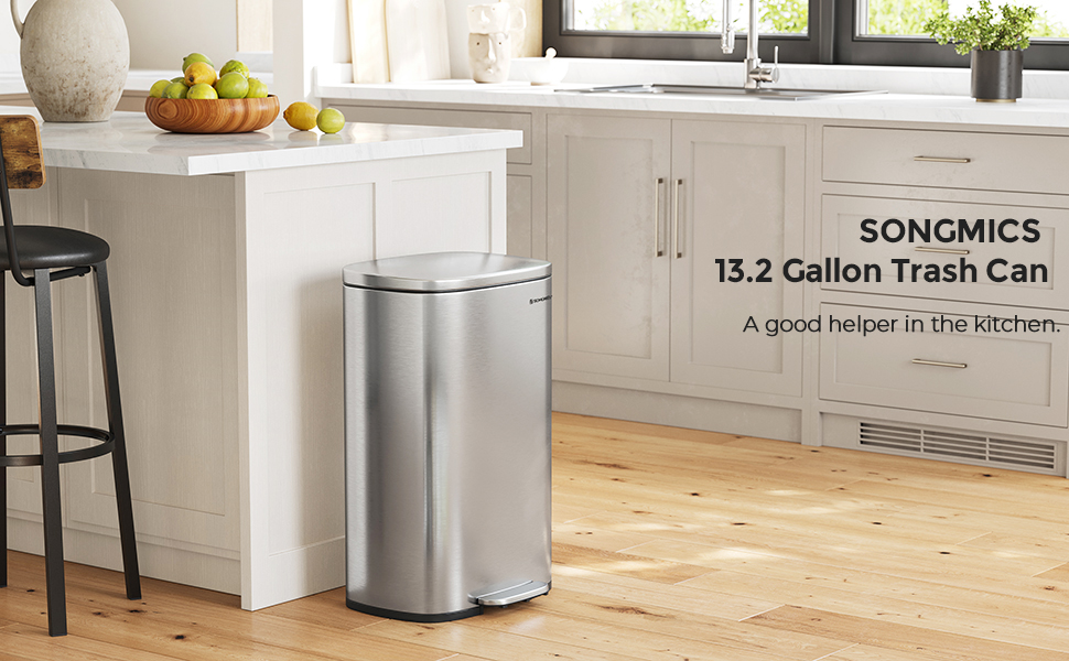 SONGMICS Kitchen Trash Garbage Can, Pedal Rubbish Bin 13.2 Gallons BR