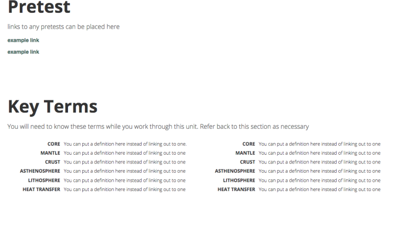 Unit page mockup showing pretest link and key terms