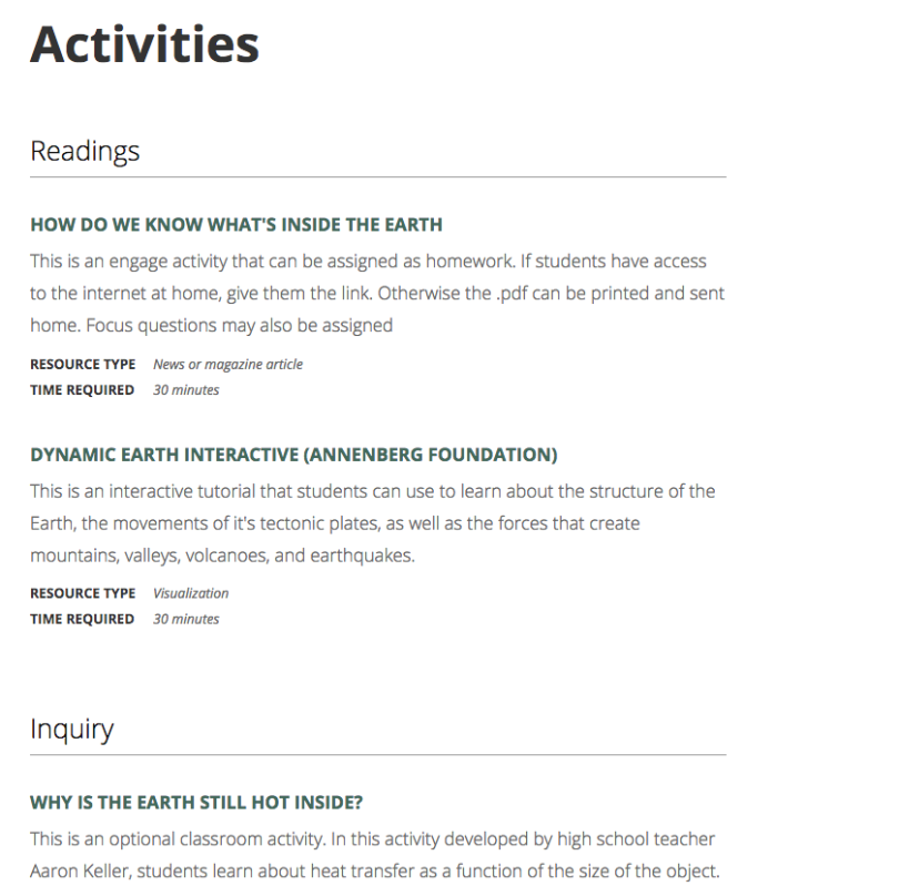 Activities and readings mockup