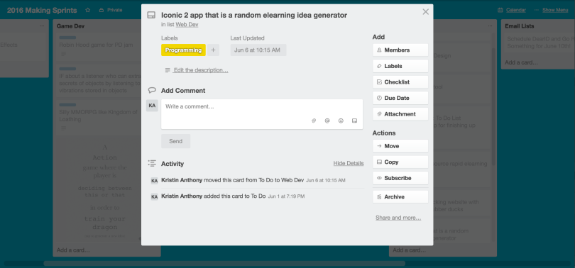 Trello card describing scenario generator