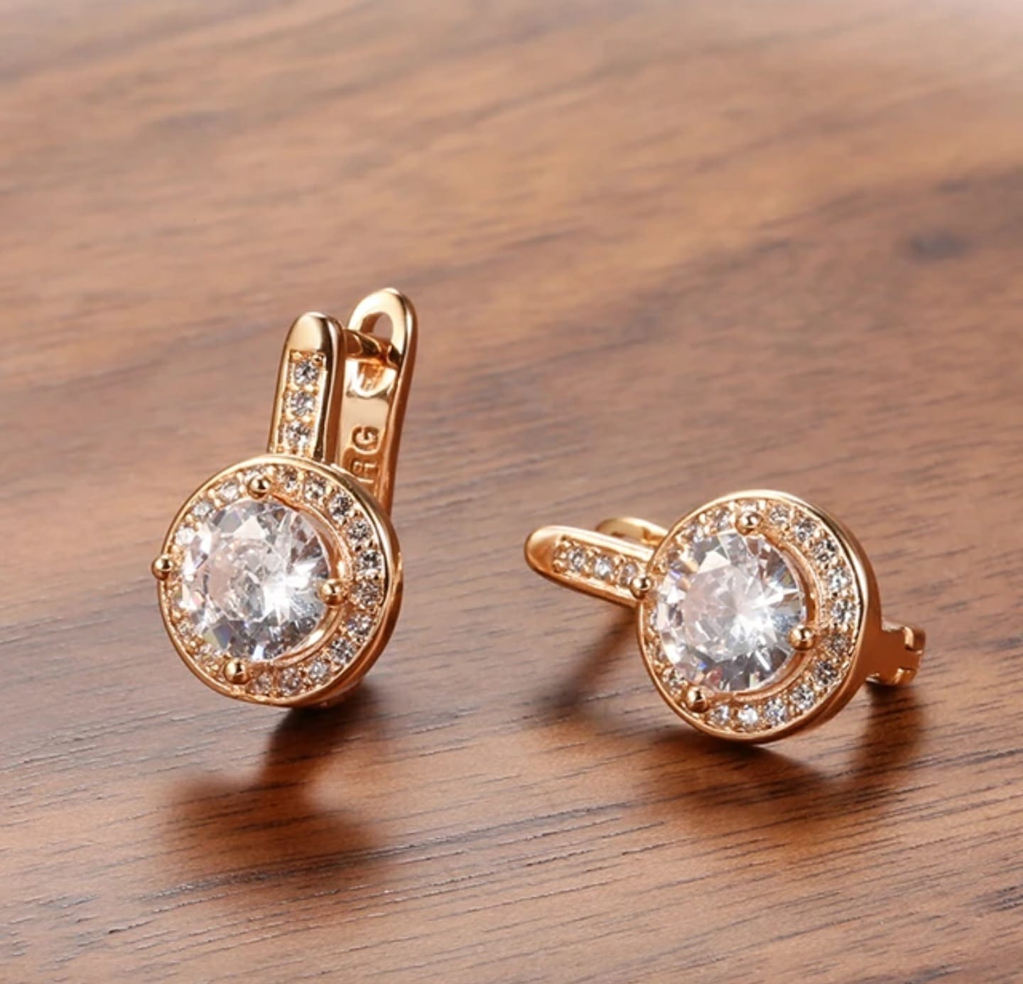 Round Natural Zircon Stud Earrings For Women Fashion 585 Rose Gold