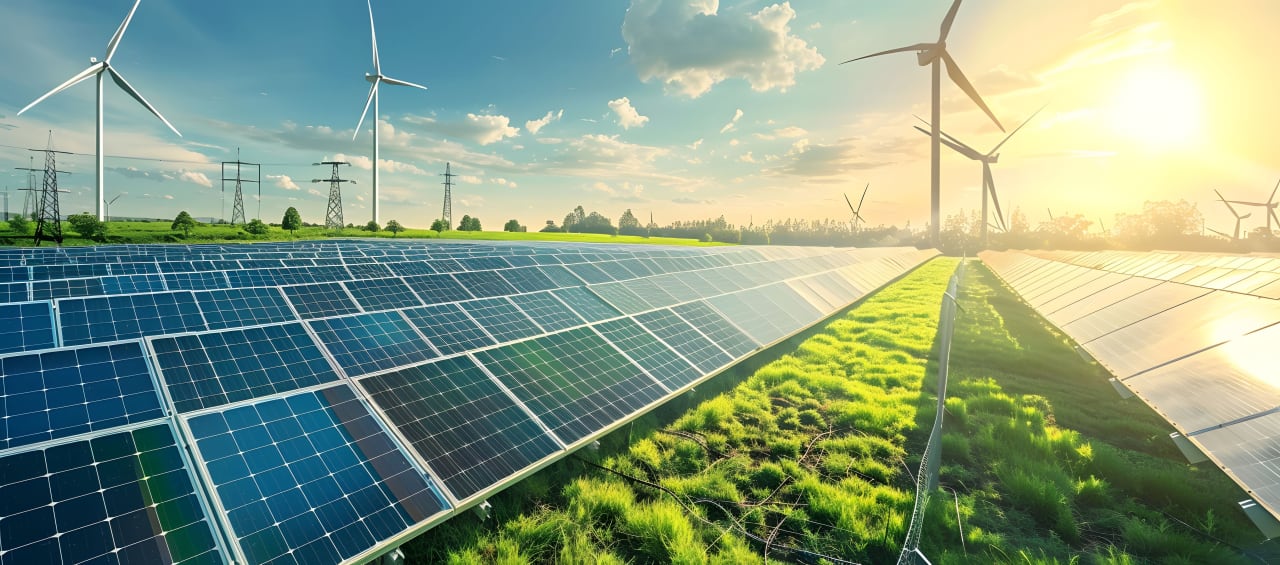 Solar-Paneele auf einer Freifläche mit Windrädern