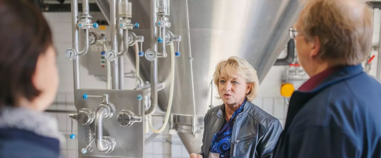 Frau zeigt zwei Personen eine technische Anlage.