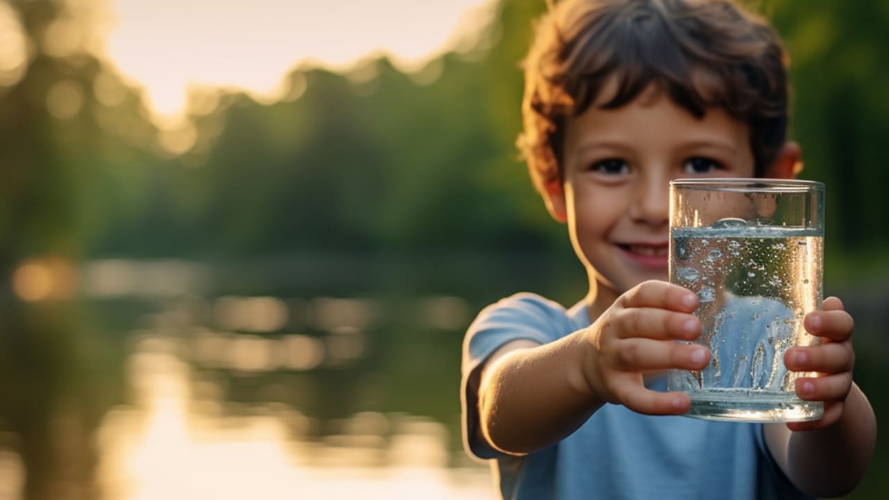 Ein kleiner Junge mit Wasserglas in der Hand.
