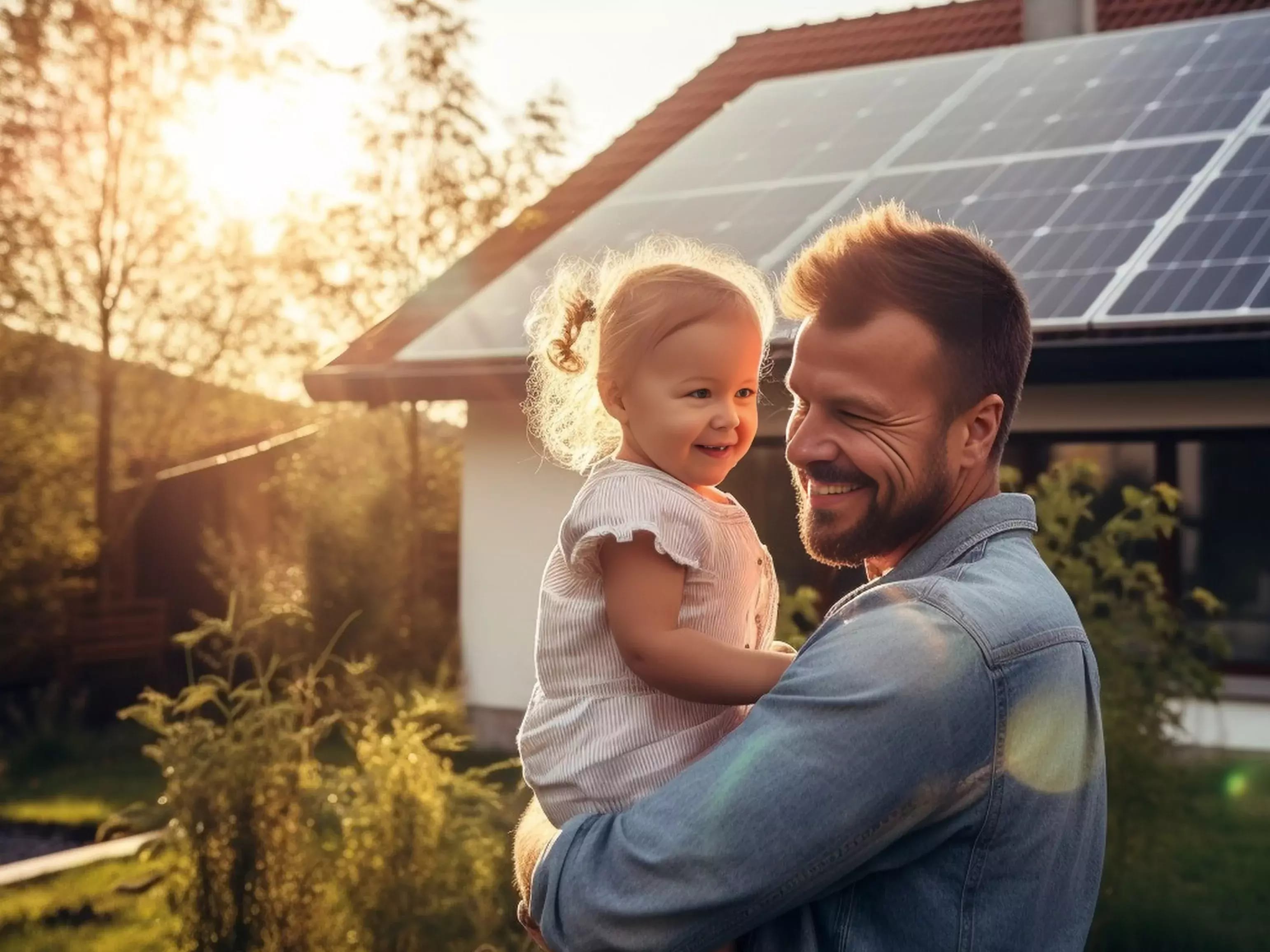 Vater mit Kleinkind im Arm vor einem Haus mit Solaranlage, im Sonnenlicht lächelnd.