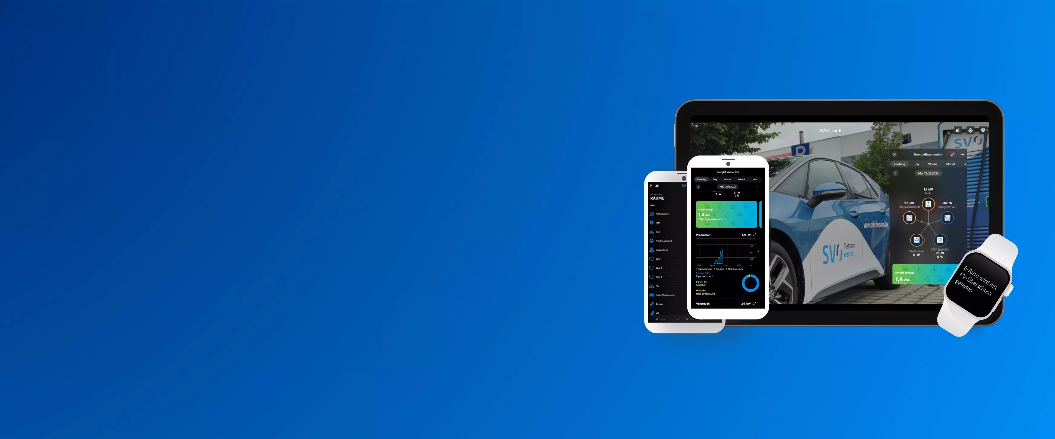 Smartphone, Tablet, Laptop und Smartwatch zeigen die Benutzeroberfläche einer Energie- oder Lade-App der SVO – im Hintergrund ein E-Auto mit Firmenlogo. Die Darstellung symbolisiert moderne, digitale Energielösungen.