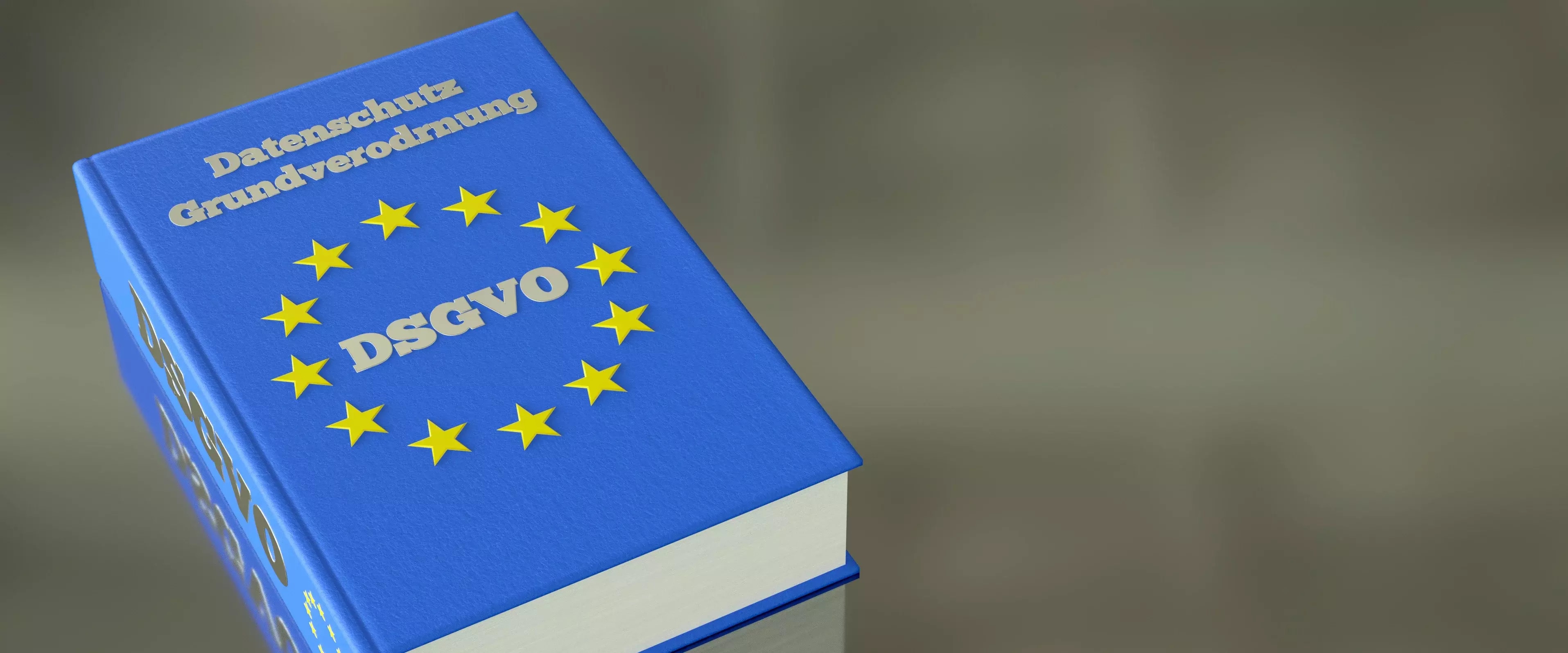 Ein blaues Buch mit dem Titel „Datenschutz-Grundverordnung DSGVO“ und einem Kreis aus gelben Sternen, die an die EU-Flagge erinnern, liegt auf einer grauen Oberfläche.