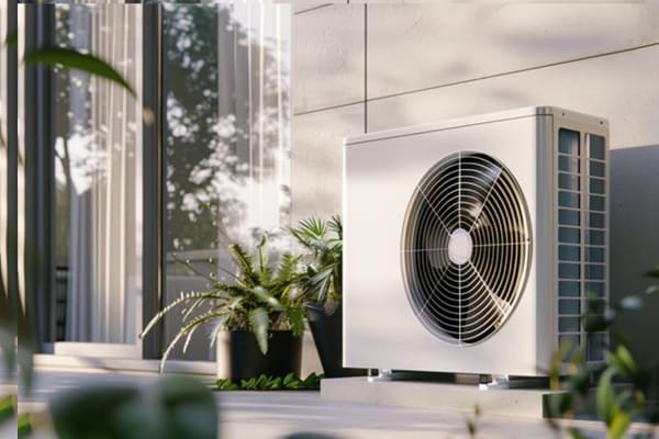 Eine weiße Wärmepumpe steht auf einer Terrase vor dem Haus.