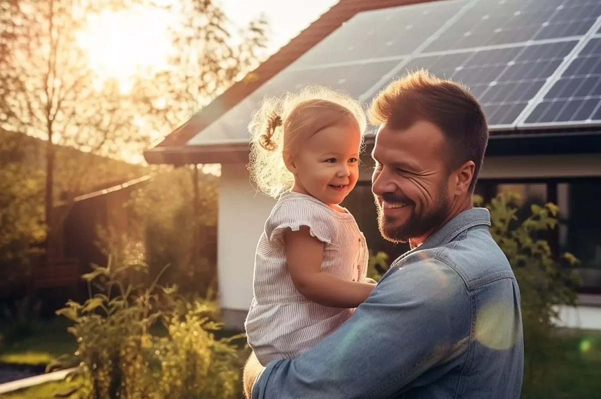 Vater mit Kind vor Einfamilienhaus mit PV-Anlage