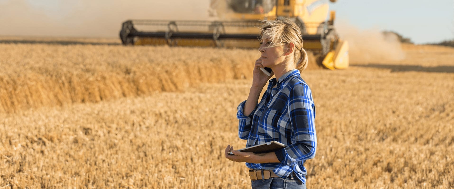 Eine Landwirtin steht auf einem Getreidefeld und hält ein Smartphone in der Hand, umgeben von reifem Getreide unter freiem Himmel.