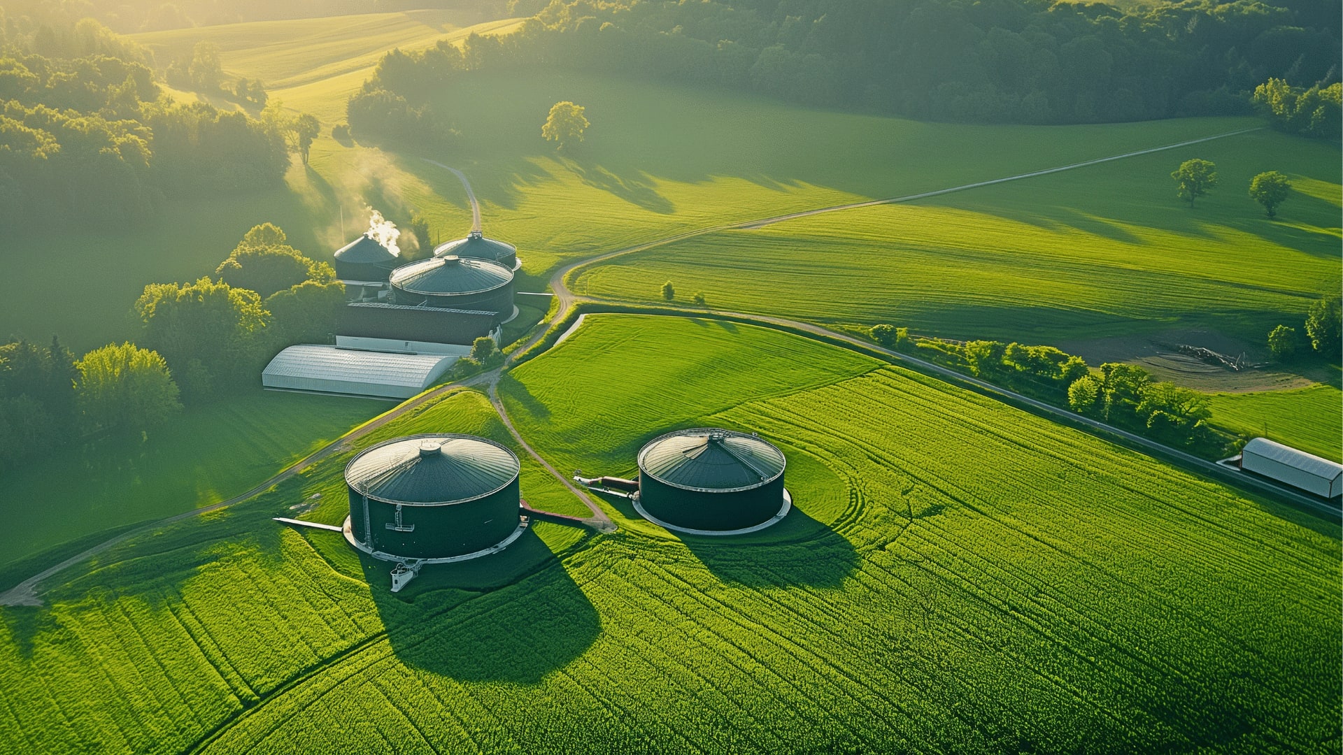 Grüne Flächen und Felder im Sommer aus der Vogelperspektive.