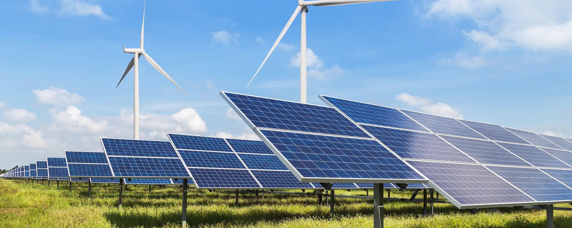 Solarpark mit Windrädern im Hintergrund