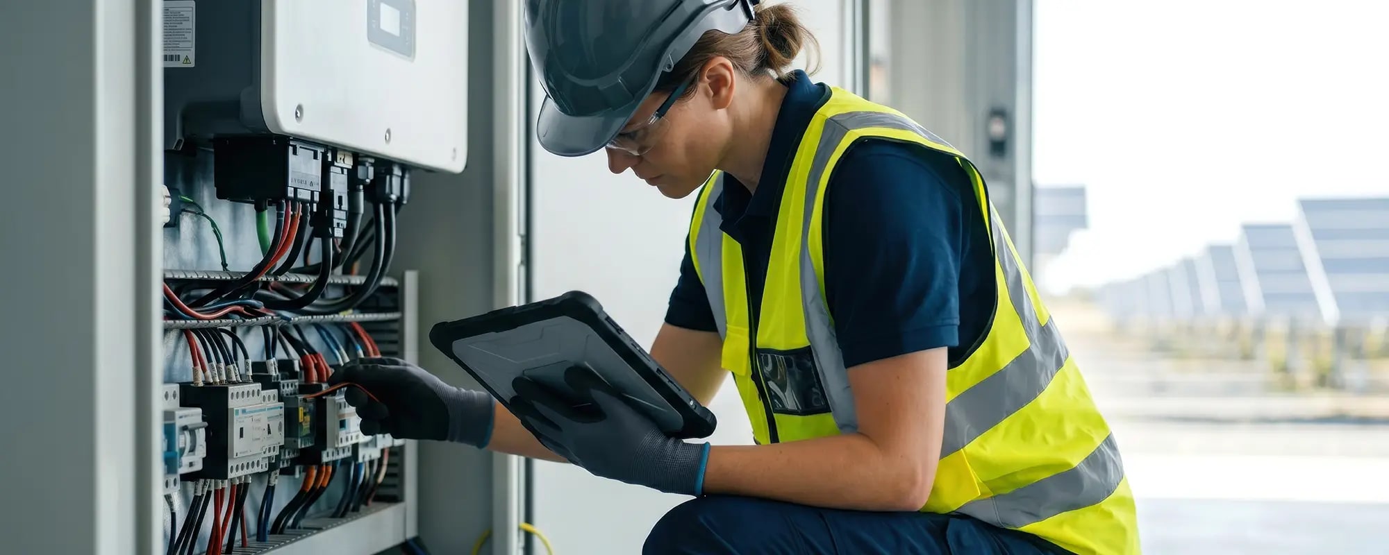 Ingenieurin mit Tablet prüft Verkabelung