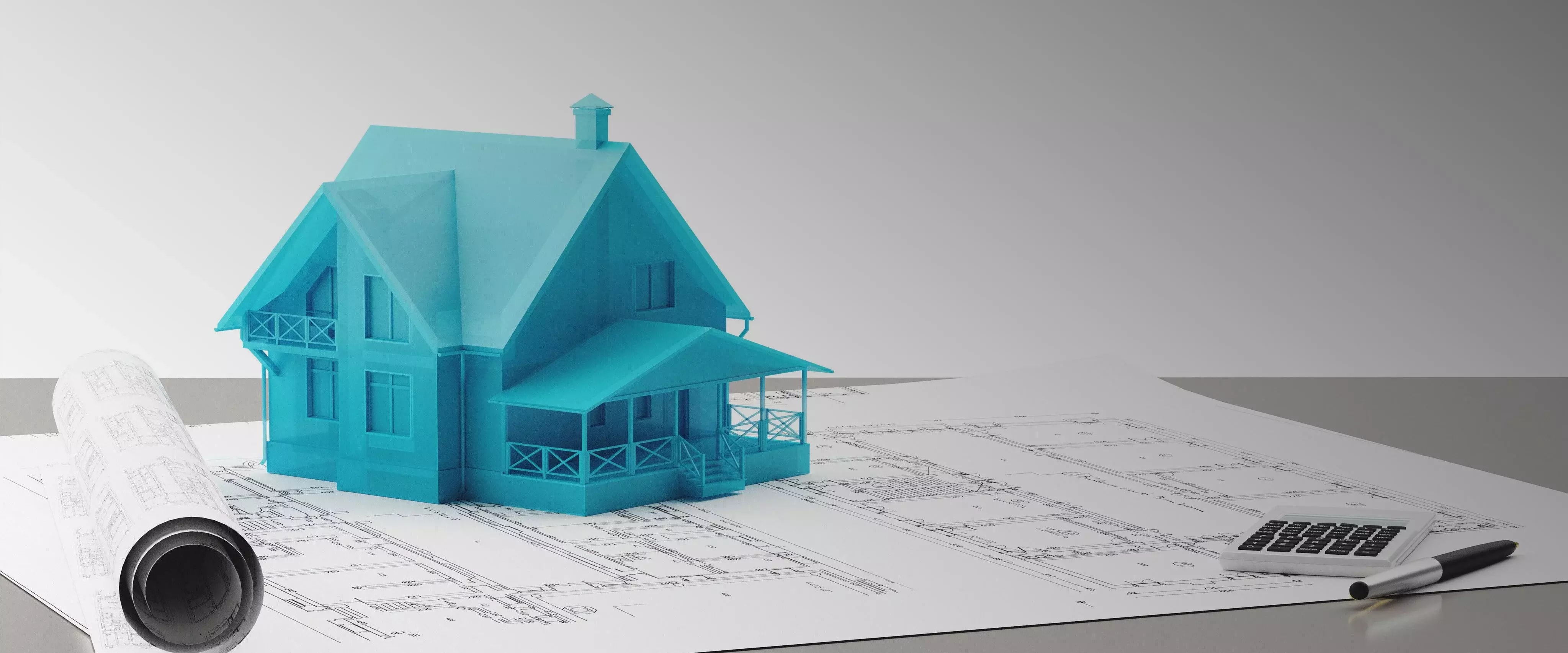 3D-Modell eines Hauses auf einem Bauplan