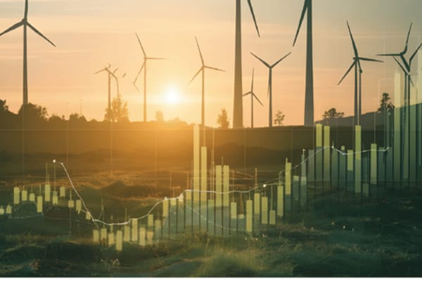 Windräder in einer Landschaft bei Sonnenuntergang, darübergelegt ein transparentes Diagramm mit Börsen- oder Energiepreiskurven – symbolisch für die Verbindung von erneuerbarer Energie und Marktentwicklung.