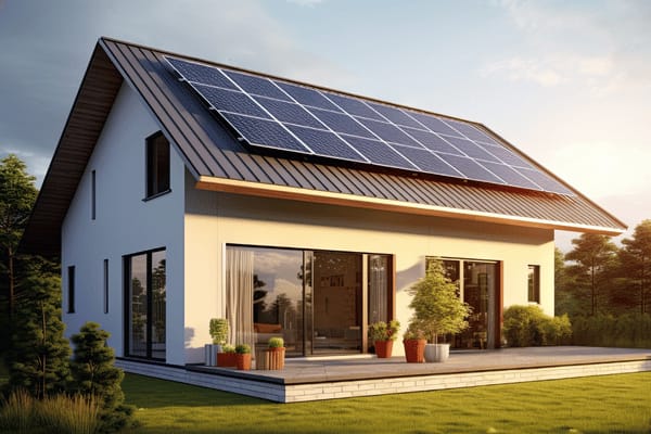 Modernes Haus mit Garten und PV-Anlage.