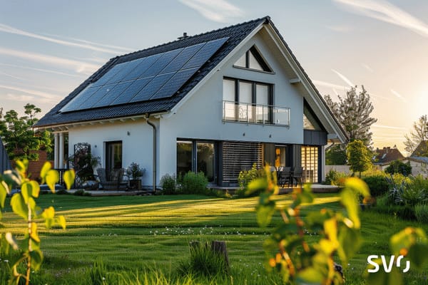 Modernes Haus mit Solaranlage im Grünen.