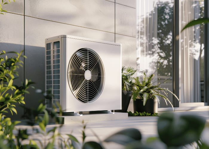 Wärmepumpe neben Hauswand in grüner Umgebung.