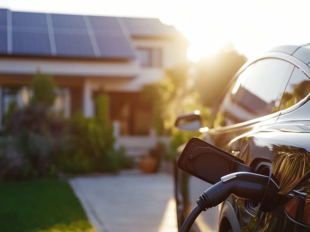 E-Auto lädt vor einem Haus mit PV-Anlage auf dem Dach.