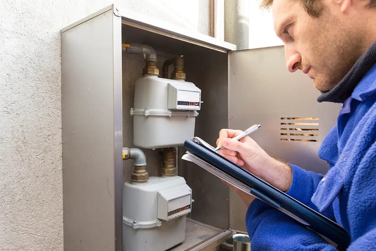 Installateur prüft Zählerstände eines Gaszählers