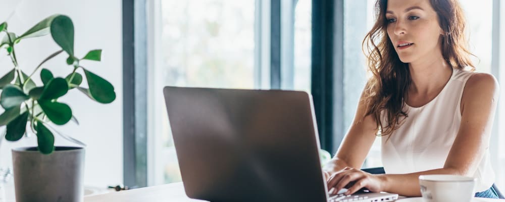 Eine Frau mit langen, welligen Haaren arbeitet konzentriert an einem Laptop in einem hellen Raum mit großen Fenstern und einer Zimmerpflanze im Vordergrund.