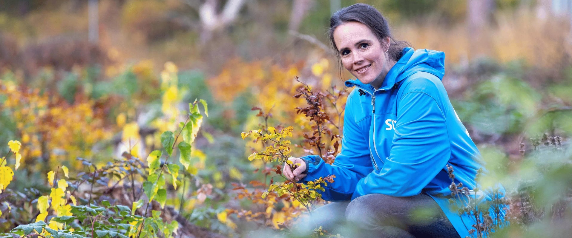 Eine Frau in blauer Jacke mit dem Logo „SV“ hockt in einem herbstlichen Waldstück. Sie lächelt und betrachtet junge, bunt gefärbte Pflanzen um sich herum. Die Umgebung ist natürlich, mit gelb-grüner Vegetation und unscharfem Hintergrund.