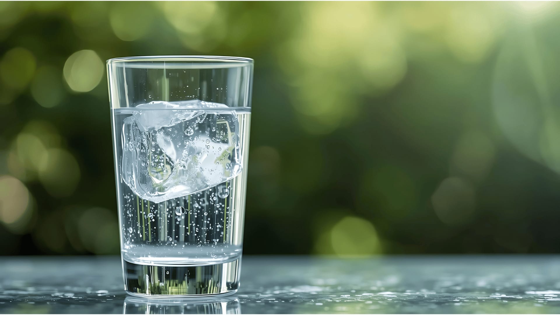 Wasserglas befüllt mit einem Eiswürfel und Wasser.