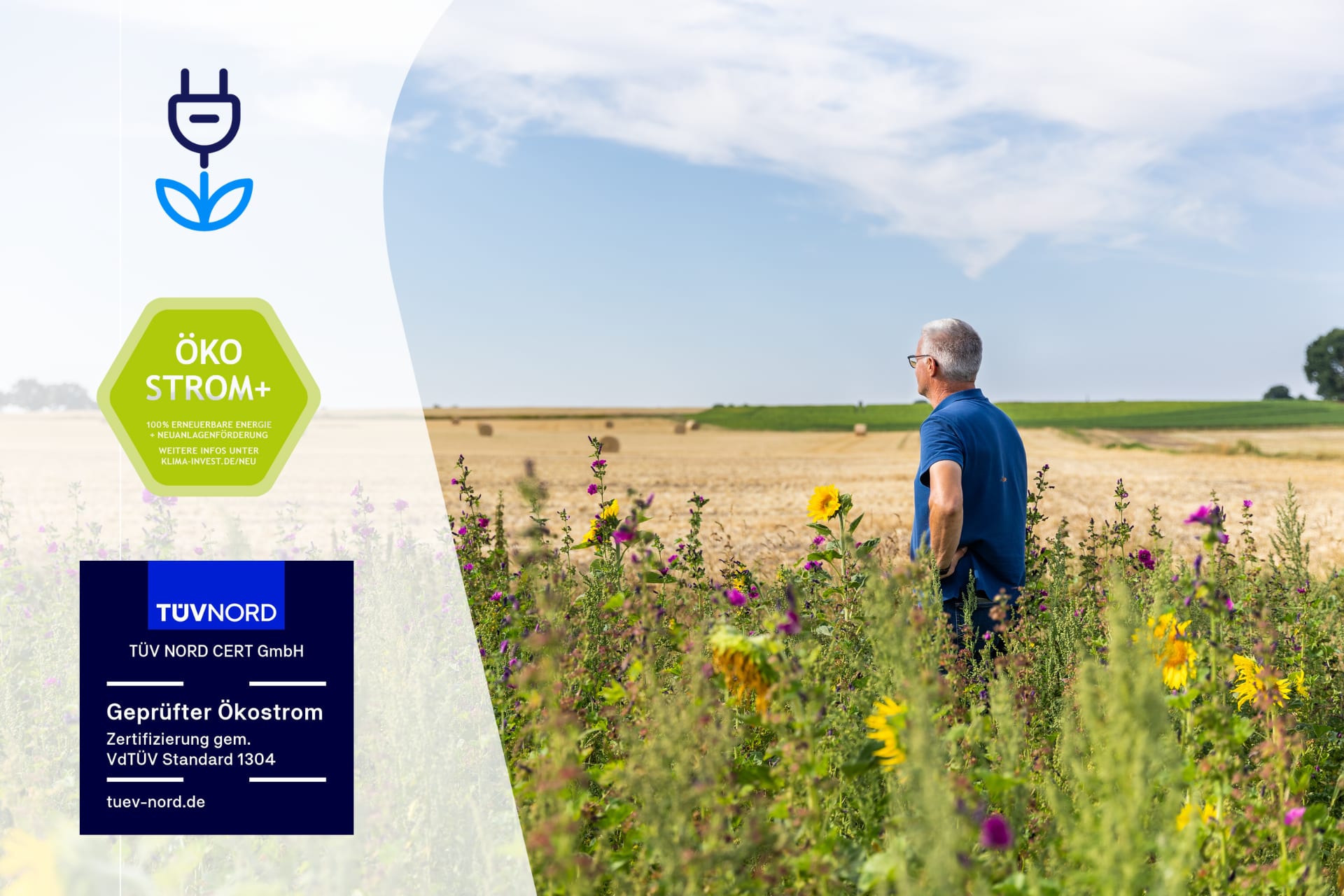 TÜV-Siegel und Auszeichnung Ökostrom vor einer blühenden Landschaft, in der ein Mann steht.