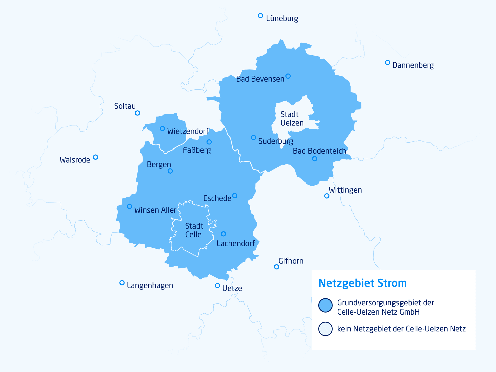 Karte des Grundversorgungsgebiets Strom der Celle-Uelzen Netz GmbH.