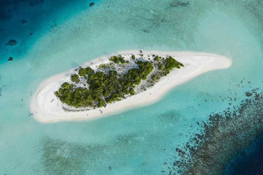 Aerial view of a small green island surrounded by turquoise water and coral reef in the Maldives