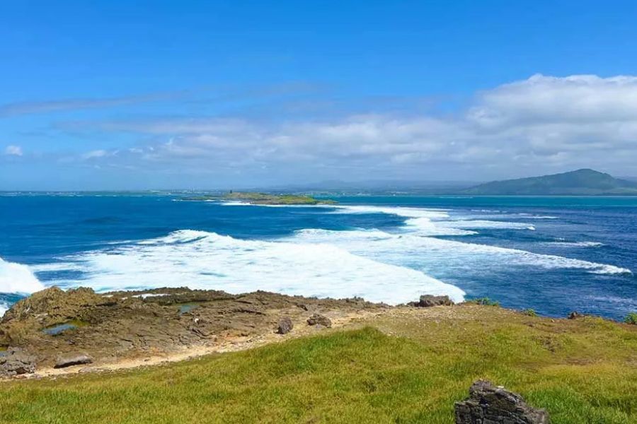 Rocky coastline with crashing waves and a grassy clifftop, small islet visible offshore