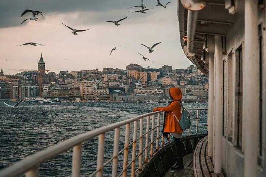 Person on a ferry deck watching seagulls, with Galata Tower visible across the Bosphorus