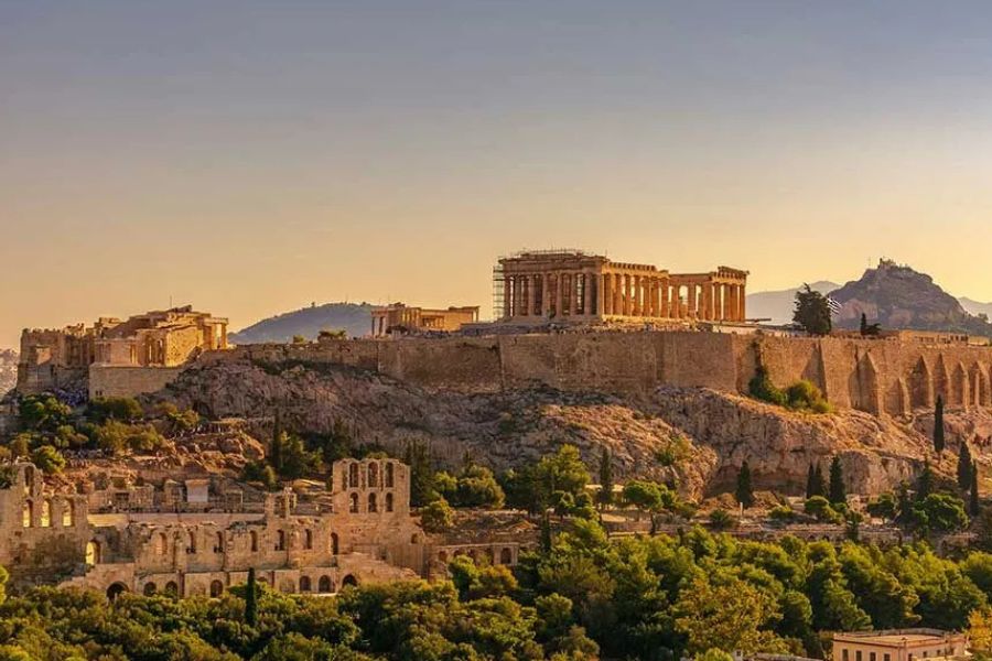 The Acropolis and Parthenon at sunset, overlooking Athens