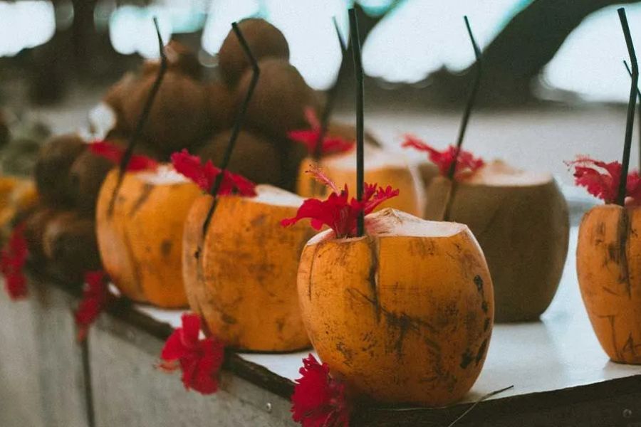 Fresh coconuts served as drinks, garnished with red hibiscus flowers