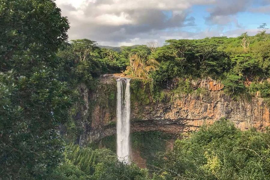 Chamarel Waterfall dropping into a forested gorge in Mauritius
