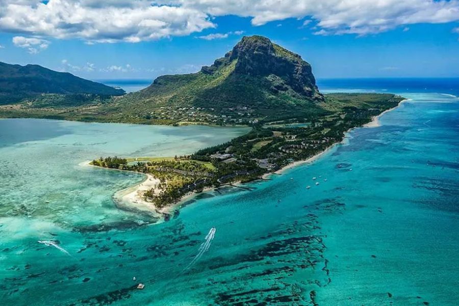 Aerial view of Le Morne Brabant mountain and peninsula in Mauritius