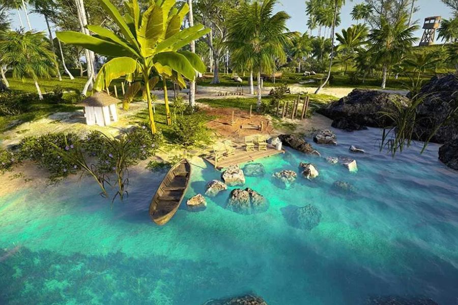Digitally rendered tropical beach scene with a dock, boat and rocky lagoon