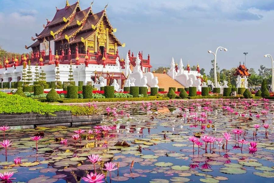 Royal Pavilion and lotus pond at Royal Park Rajapruek in Chiang Mai, Thailand.