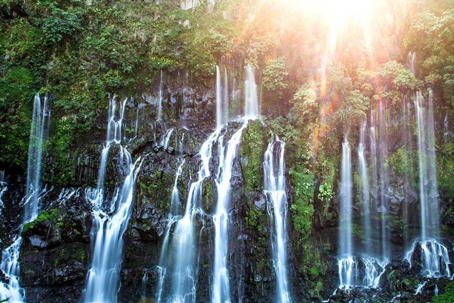 Sunlit waterfalls cascading through the lush tropical forest of Réunion Island.