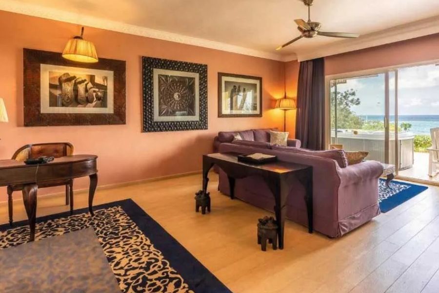 Spacious ocean-view suite at a luxury Zanzibar beachfront resort.