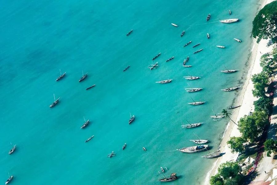 Aerial view of traditional boats along Zanzibar’s turquoise coastline.