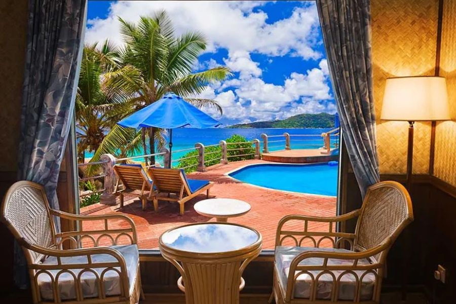 Ocean-view resort room with a private pool in the Seychelles.