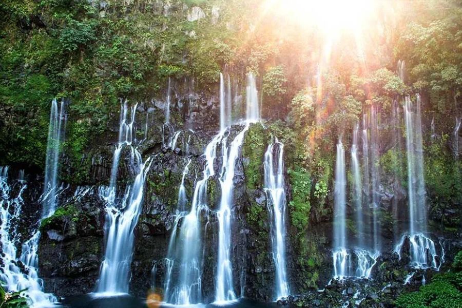 Sunlit waterfalls cascading through Réunion Island’s lush tropical forest.